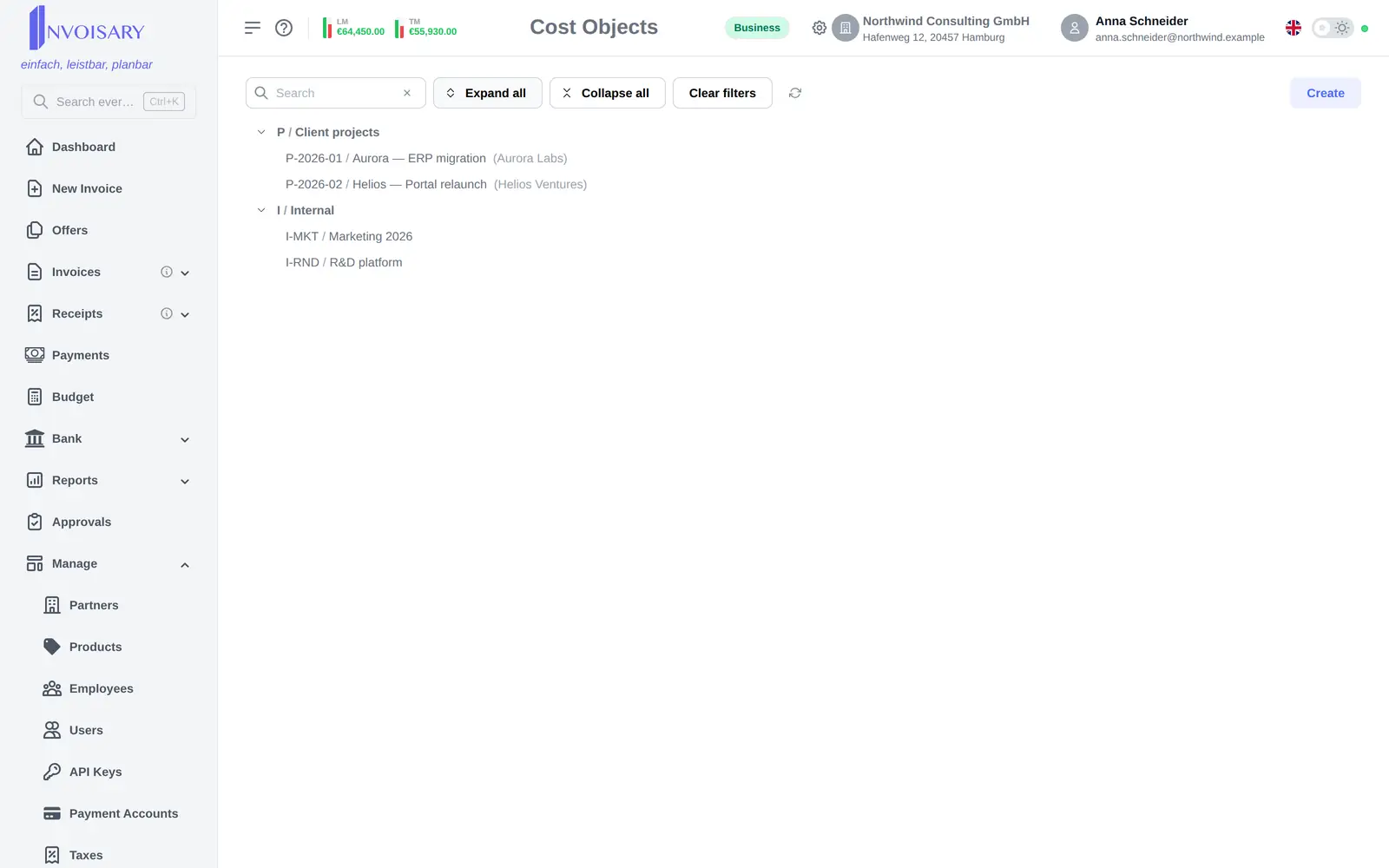 The cost object tree in Invoisary, for example projects with groups and codes.