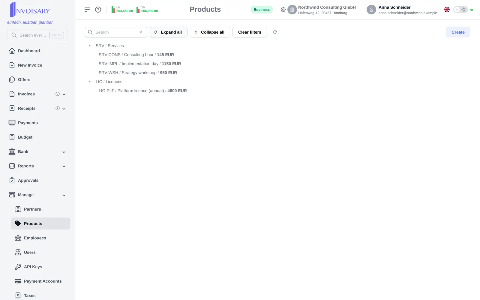 The product catalog in Invoisary as a tree with groups, list prices and units.