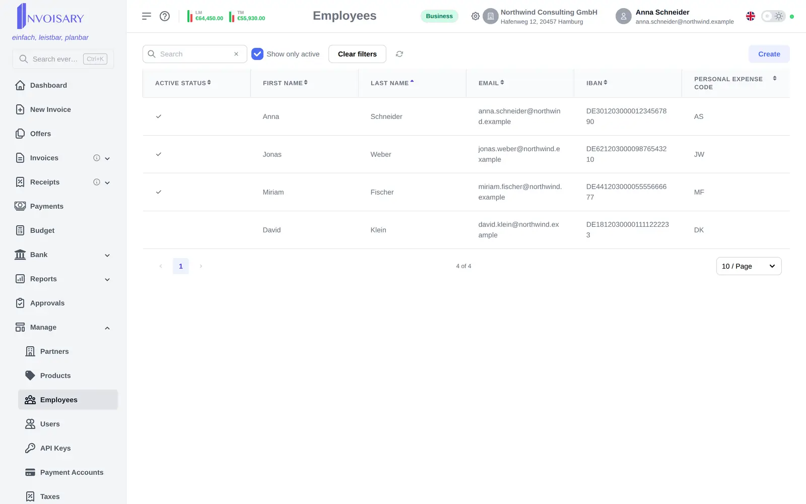 The employee list in Invoisary with contact details, IBAN and personal-expense codes.