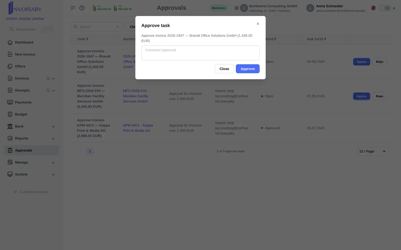 The approve dialog with a comment field.
