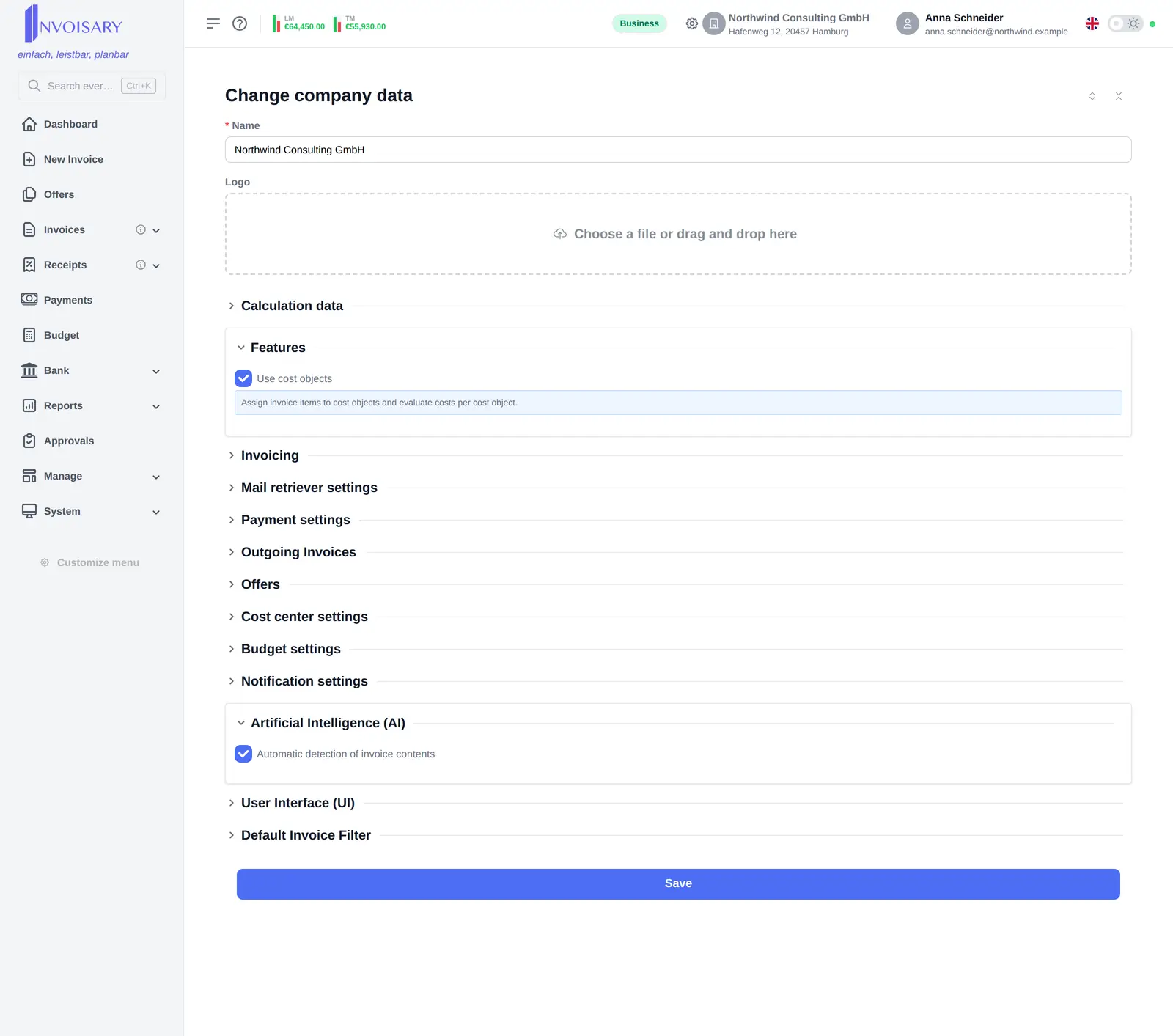 Company settings in Invoisary with collapsible sections for features, invoicing, payments, budget, notifications and AI.