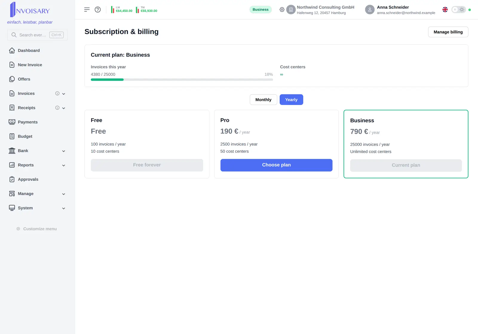 The subscription page in Invoisary with the Free, Pro and Business plans and usage meters for invoices and cost centers.