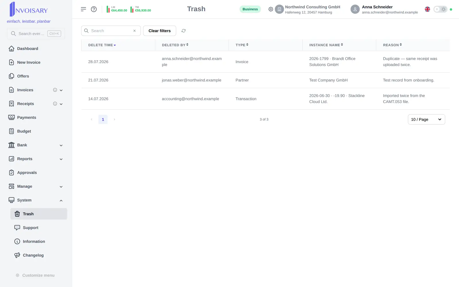 The trash view in Invoisary with deleted records including who deleted them, when and why.