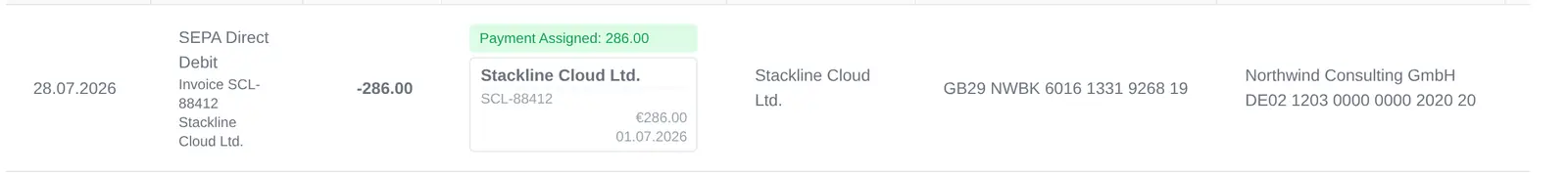 A bank account line with its matched invoice.