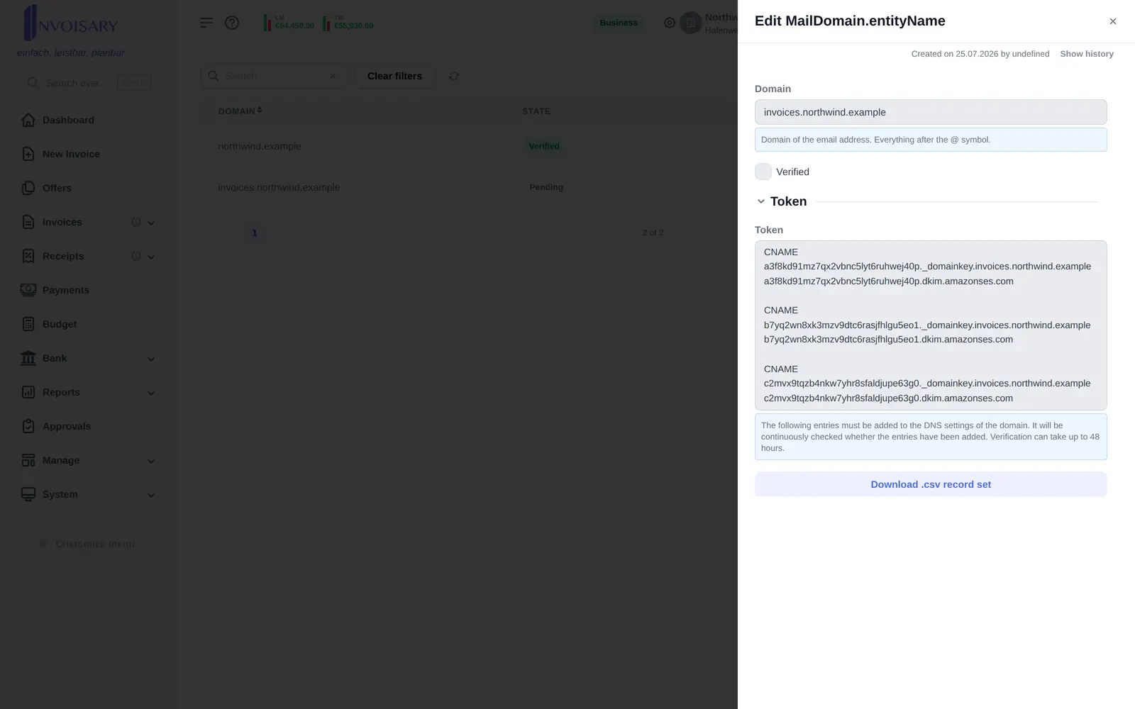 DKIM-Einträge zur Domainverifizierung zum Kopieren.
