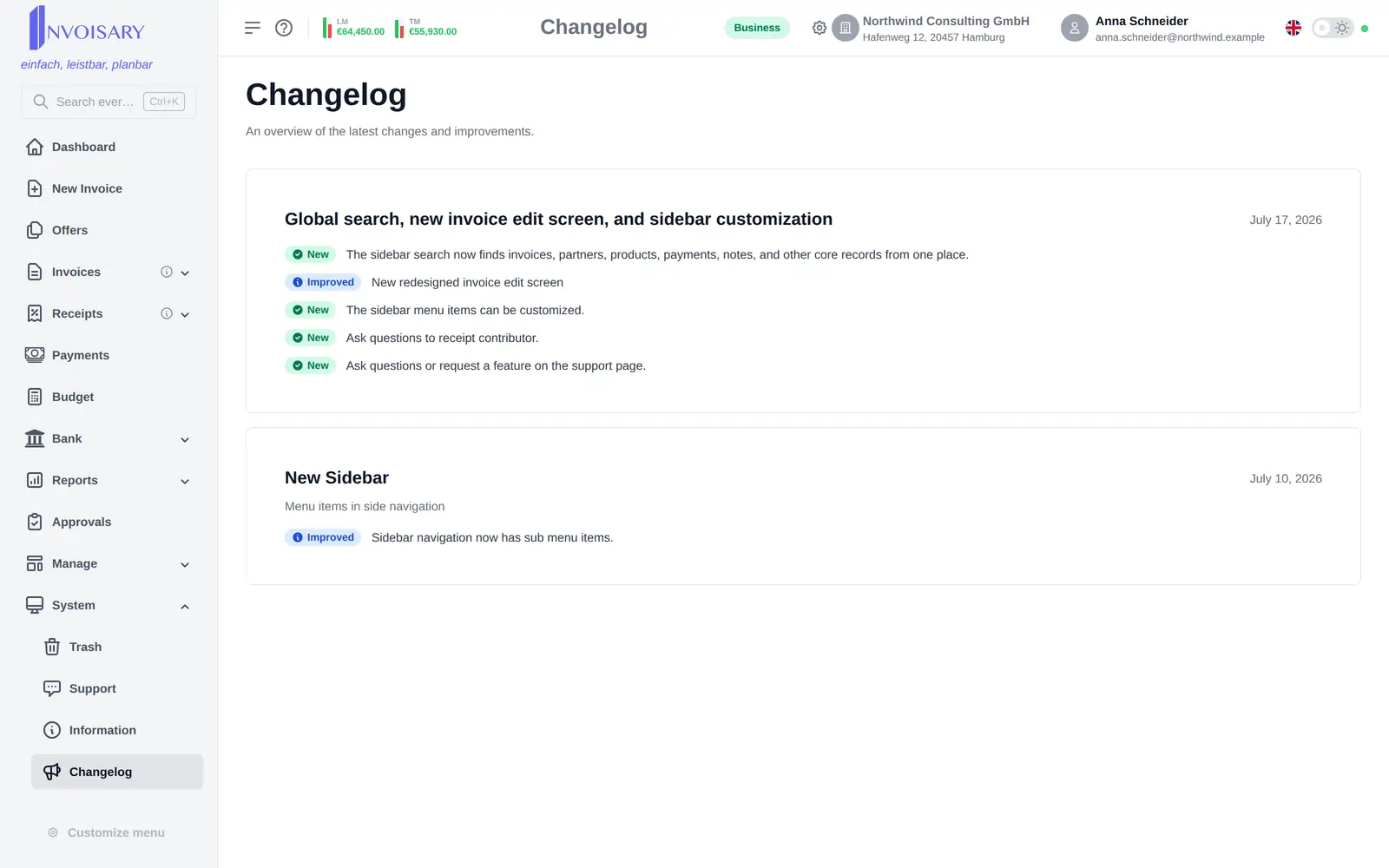 The changelog in Invoisary with releases grouped by version and date and New, Improved and Fixed labels.